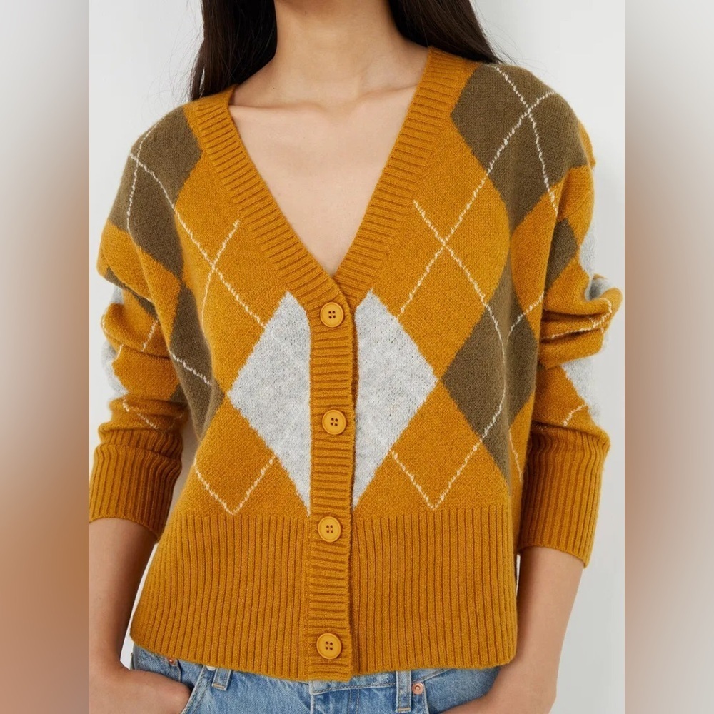 New French Connection Gold + Gray Lilija Babysoft Argyle Cardigan | Size Large